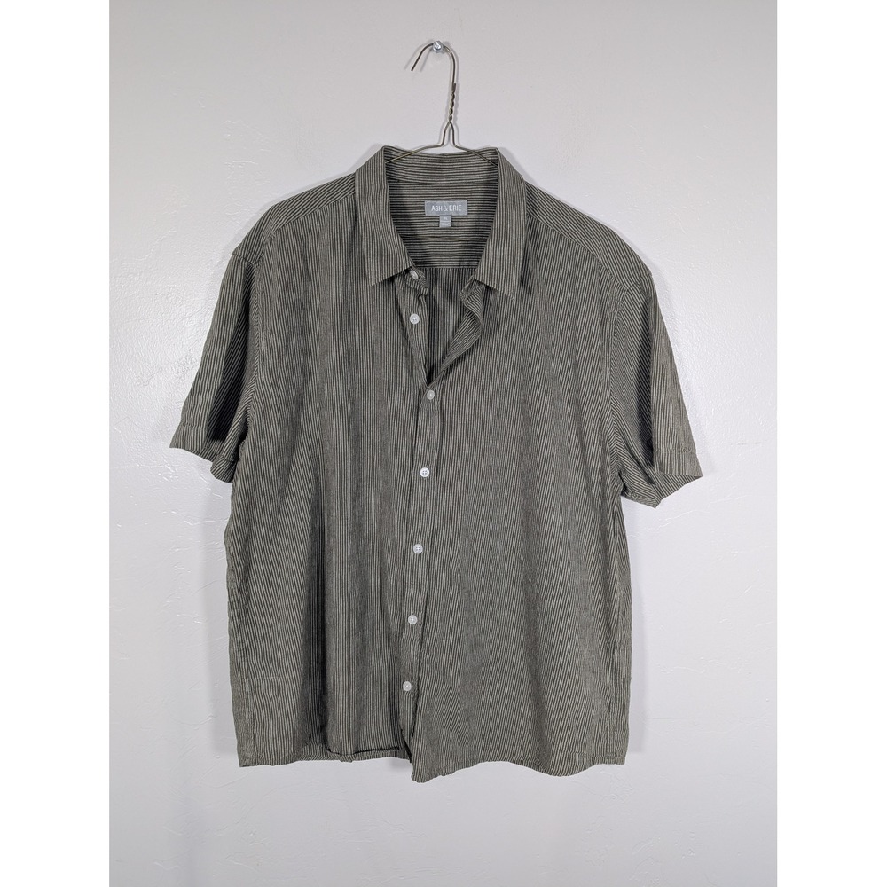 Ash & Erie Mens XL Olive Green Striped Cotton Linen Short SleeveShirt